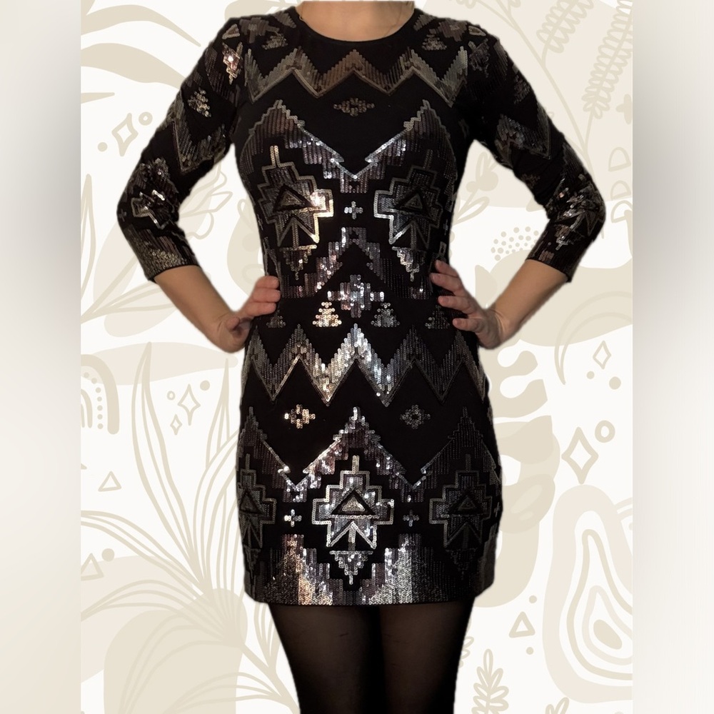 Express Black & Silver Sequin Geometric Dress